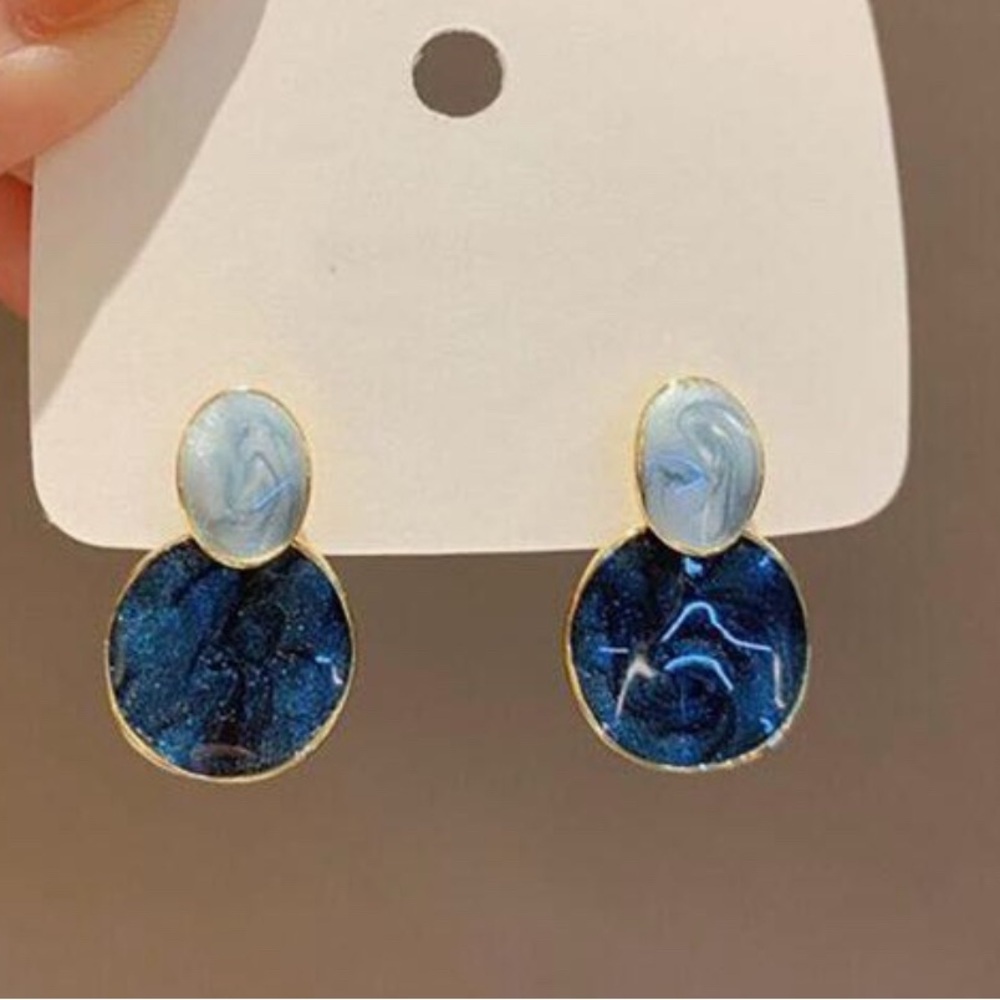 Blue and Gold Drop Earrings with Oval Stud and Circular Pendant